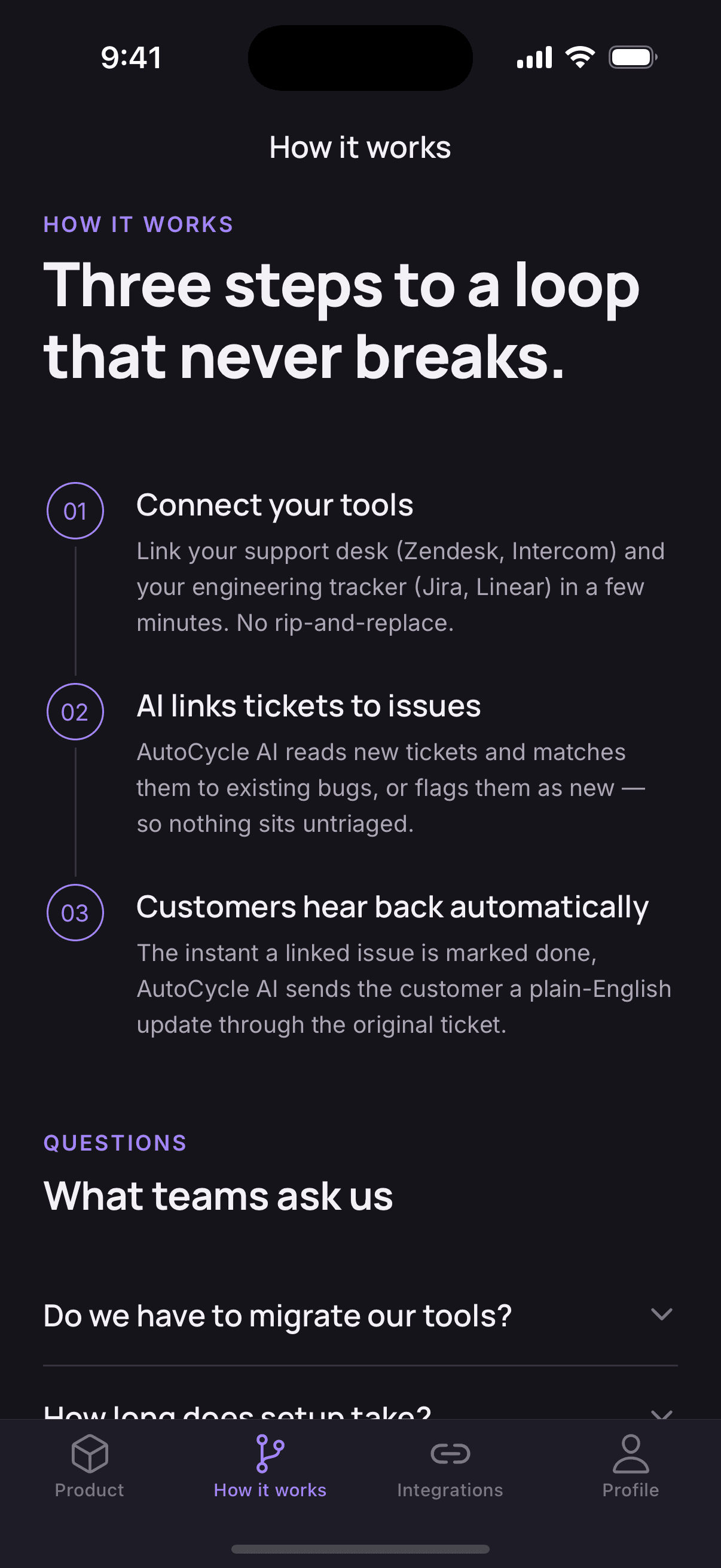 AutoCycle AI “How it works” screen with three numbered steps.