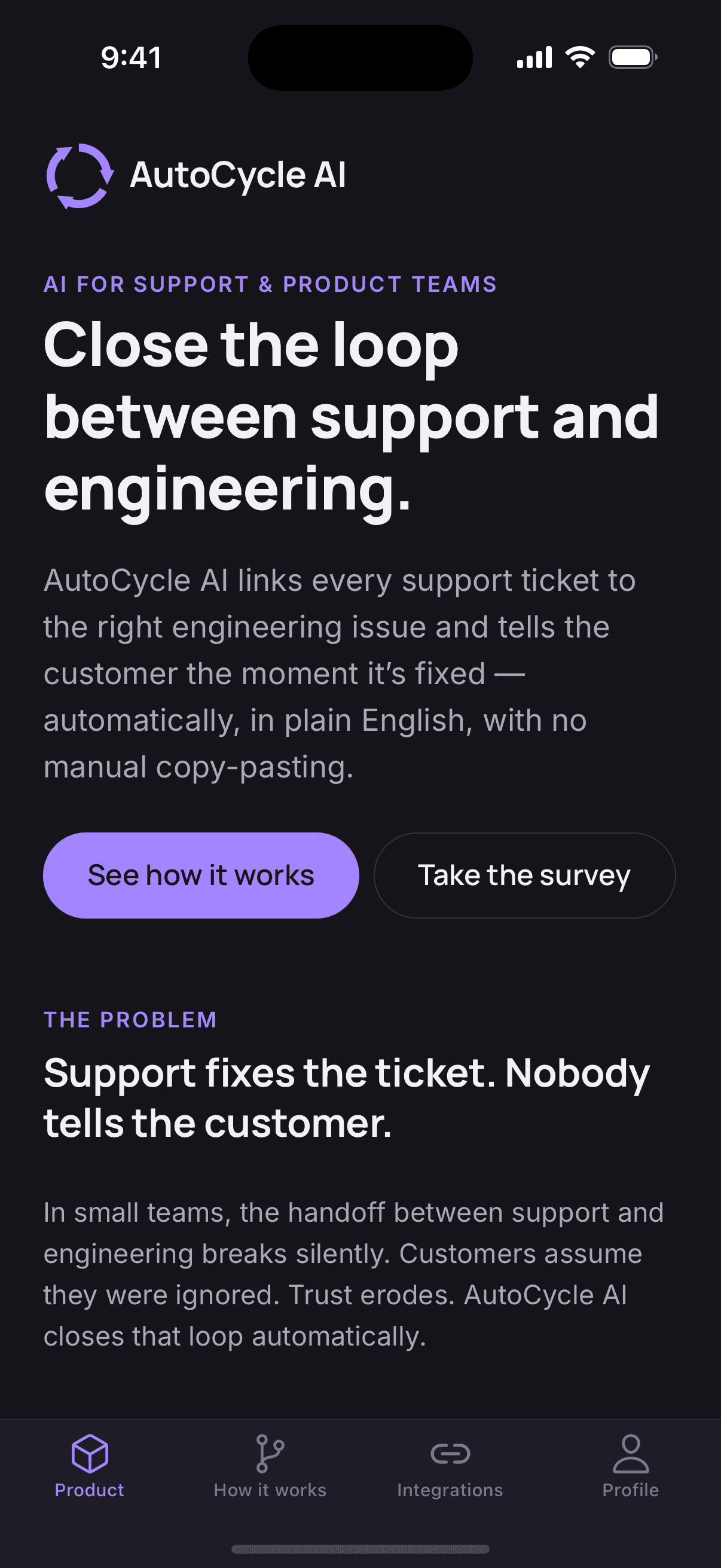 AutoCycle AI home screen: “Close the loop between support and engineering.”